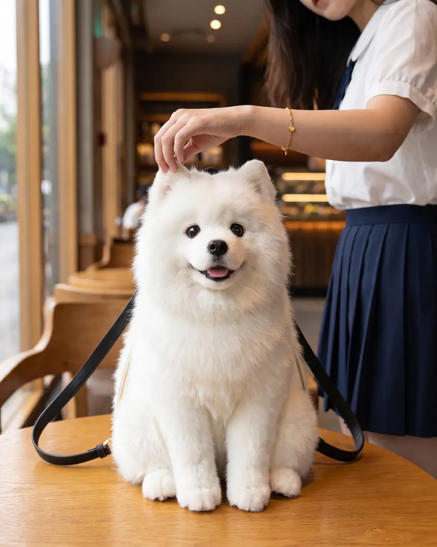 The Samoyed Pupack sitting on a cafe table beside its owner