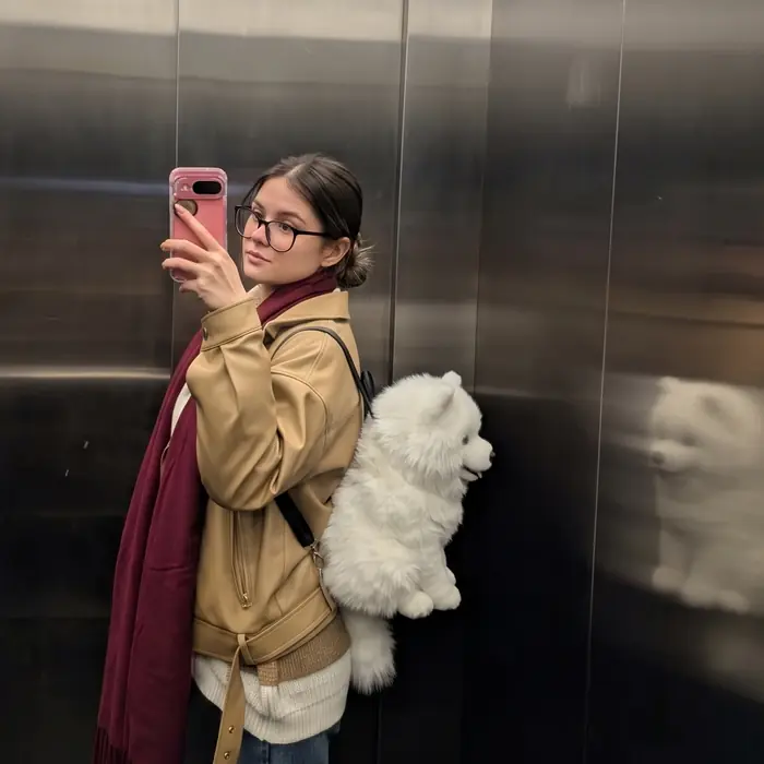 Samoyed Pupack worn with a full outfit